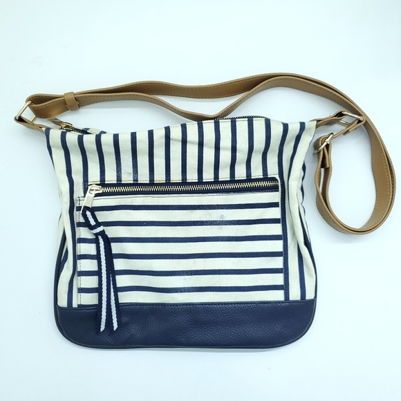 a new day Handbags - A New Day Navy Striped Canvas Messenger Bag 12”x11”